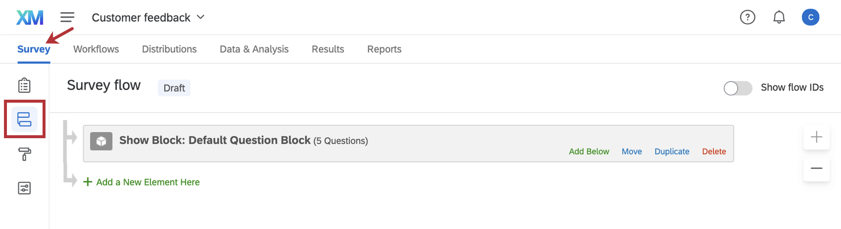 Survey flow with arrow pointing to survey tab and survey flow icon highlighted