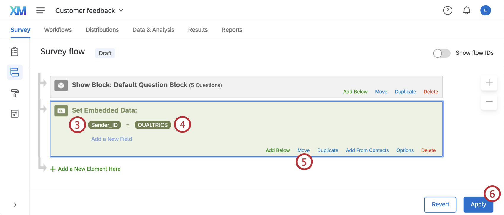 "Sender_ID" element in survey flow with labeled steps
