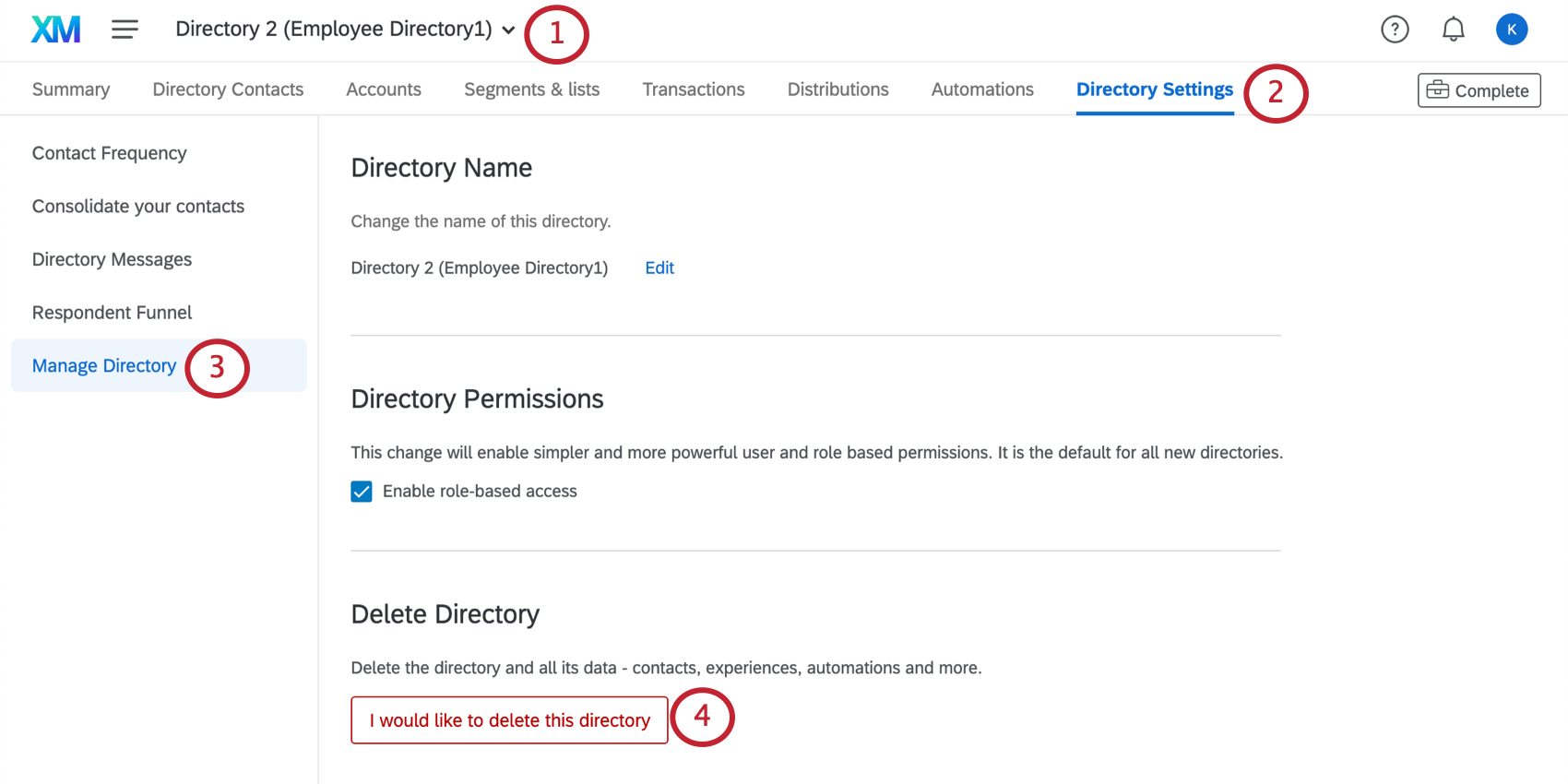 Immagine della pagina delle impostazioni della directory con manage directory aperta a sinistra; il pulsante di cancellazione è in fondo alla pagina in rosso