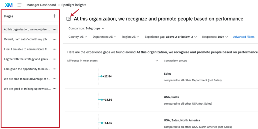 menu named pages to left. icon next to page name at the top that looks like a panel closing