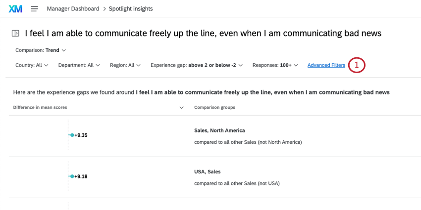 facendo clic sui filtri avanzati nella parte superiore dellinsight
