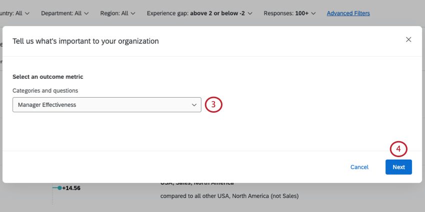 Neues Fenster, in dem Sie die Ergebnismetrik aus der Dropdown-Liste auswählen können