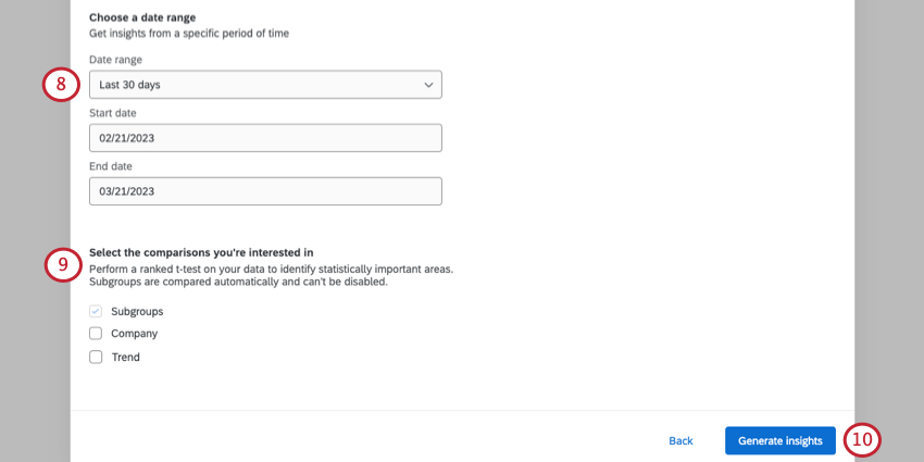 Adicionar intervalo de datas. escolher os tipos de insights a serem gerados