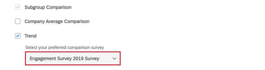for a trend comparison, choosing the comparison survey using the dropdown menu