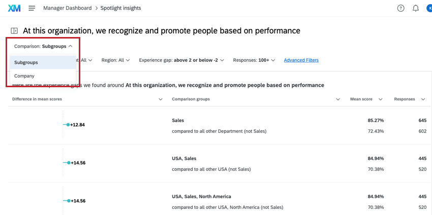 Usar el filtro de comparación para cambiar entre comparaciones de Insight