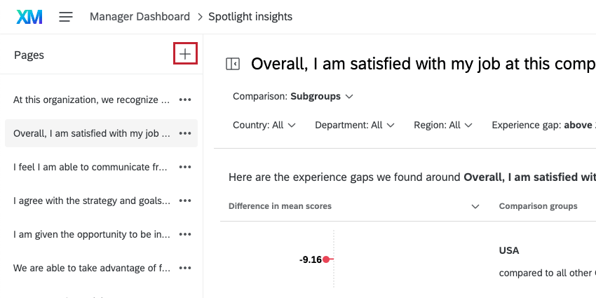 Pages menu on the left, plus sign in the upper-right of it