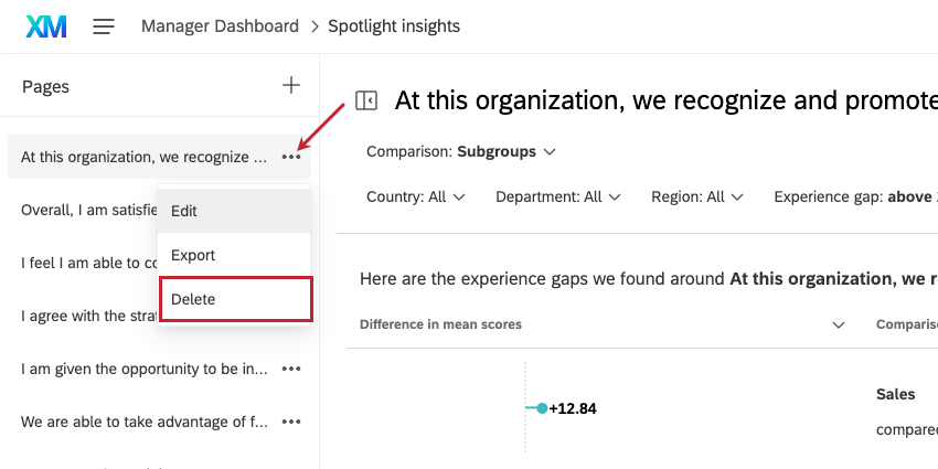 Dropdown next to page name expanded, delete highlighted