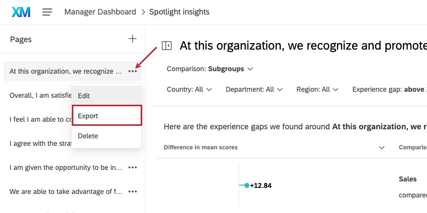 Dropdown weiter Seite aufgeklappt, Export hervorgehoben