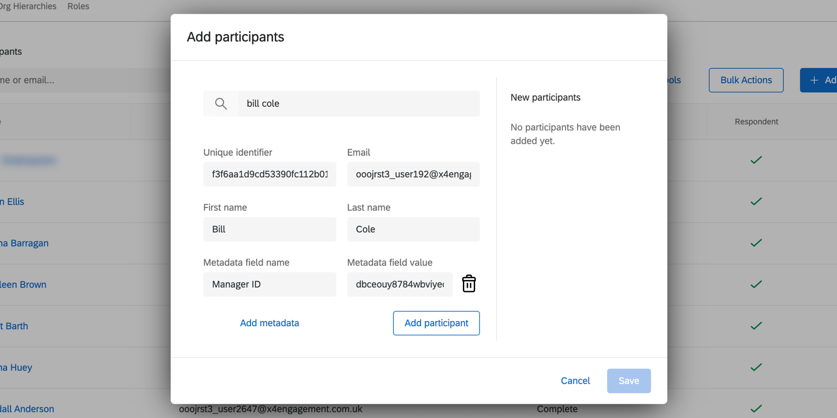 filling out fields to add a participant