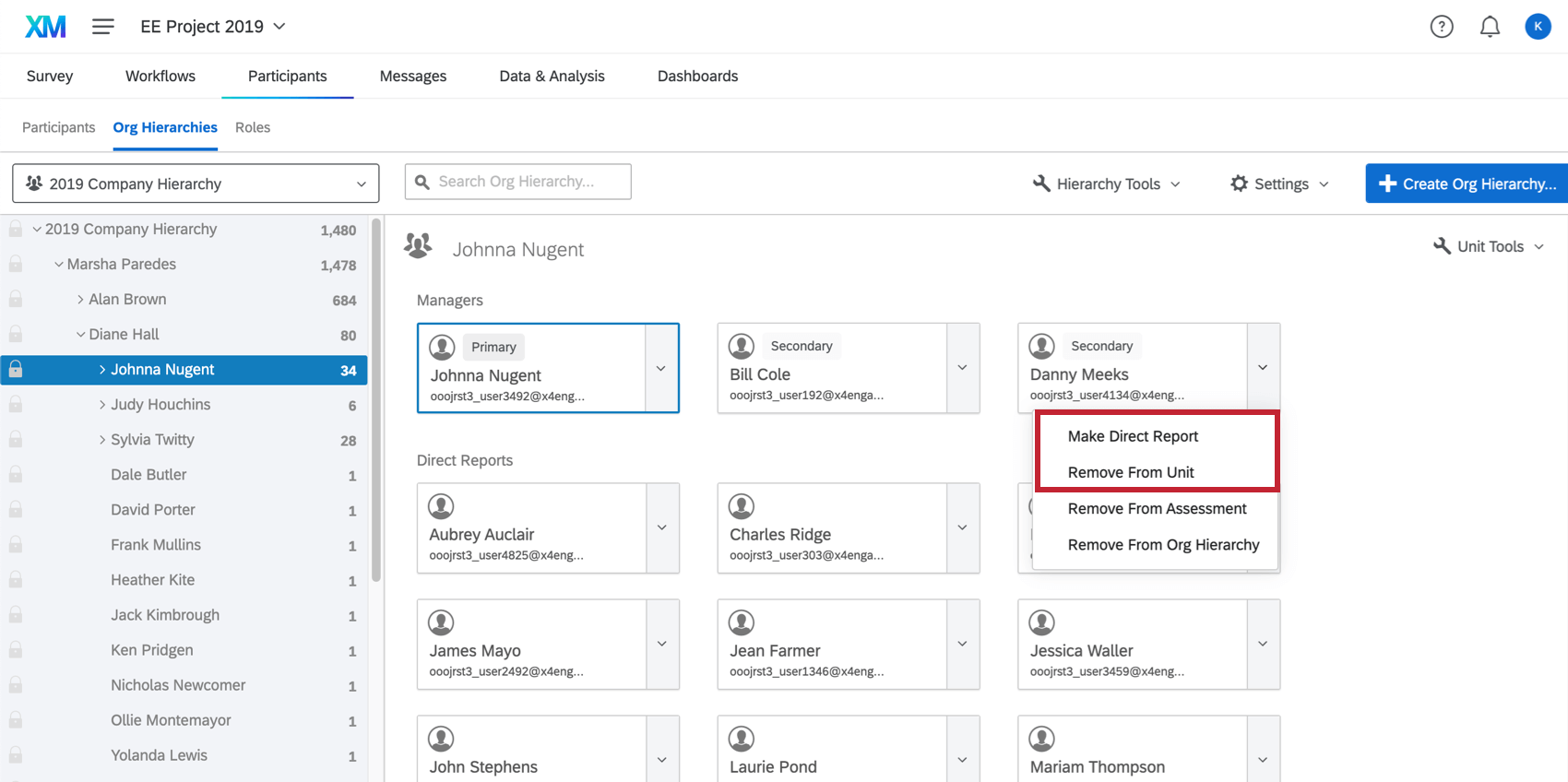 Dropdown-Liste, um einen Manager:in zu einem direkt unterstellte:r Mitarbeitende:r zu machen