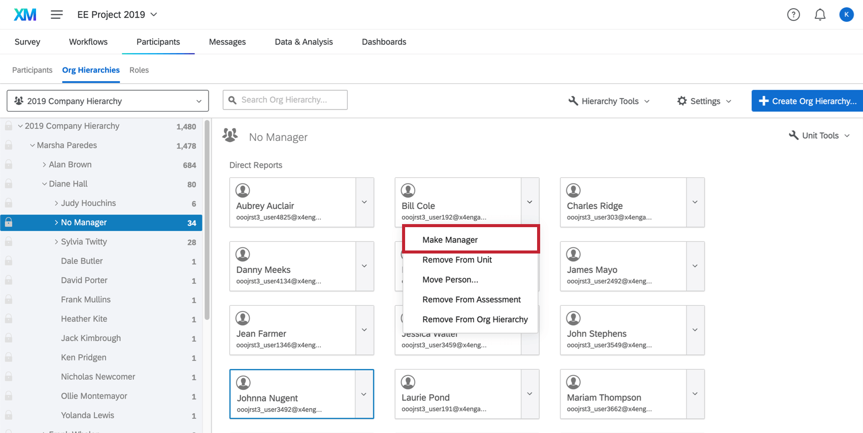 Dropdown-Liste, um einen direkt unterstellte:r Mitarbeitende:r Manager:in zu machen