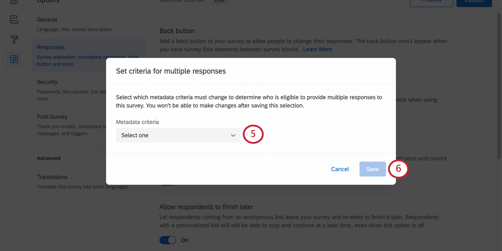 The new window that opens when you enable multiple responses