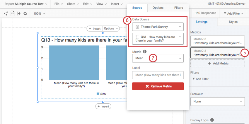 Window with data source option expanded by clicking on a field under the metric section of the widget editing pane