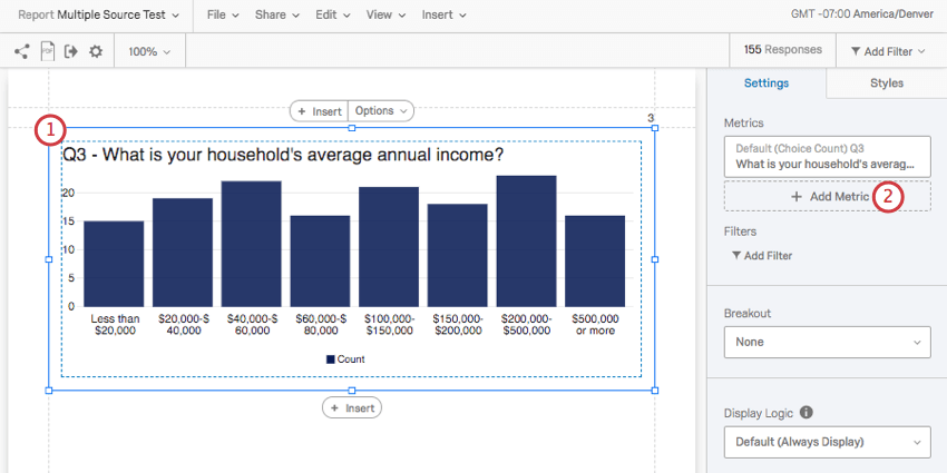 Clicking a bar chart. To the right is the widget editing pane, at the top of which, below the tabs, is a metrics section.