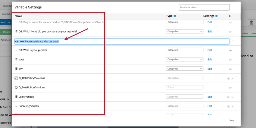 the name column of the variable settings window.