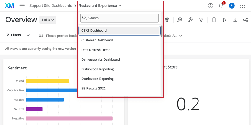 using the menu in the top left to switch between dashboards