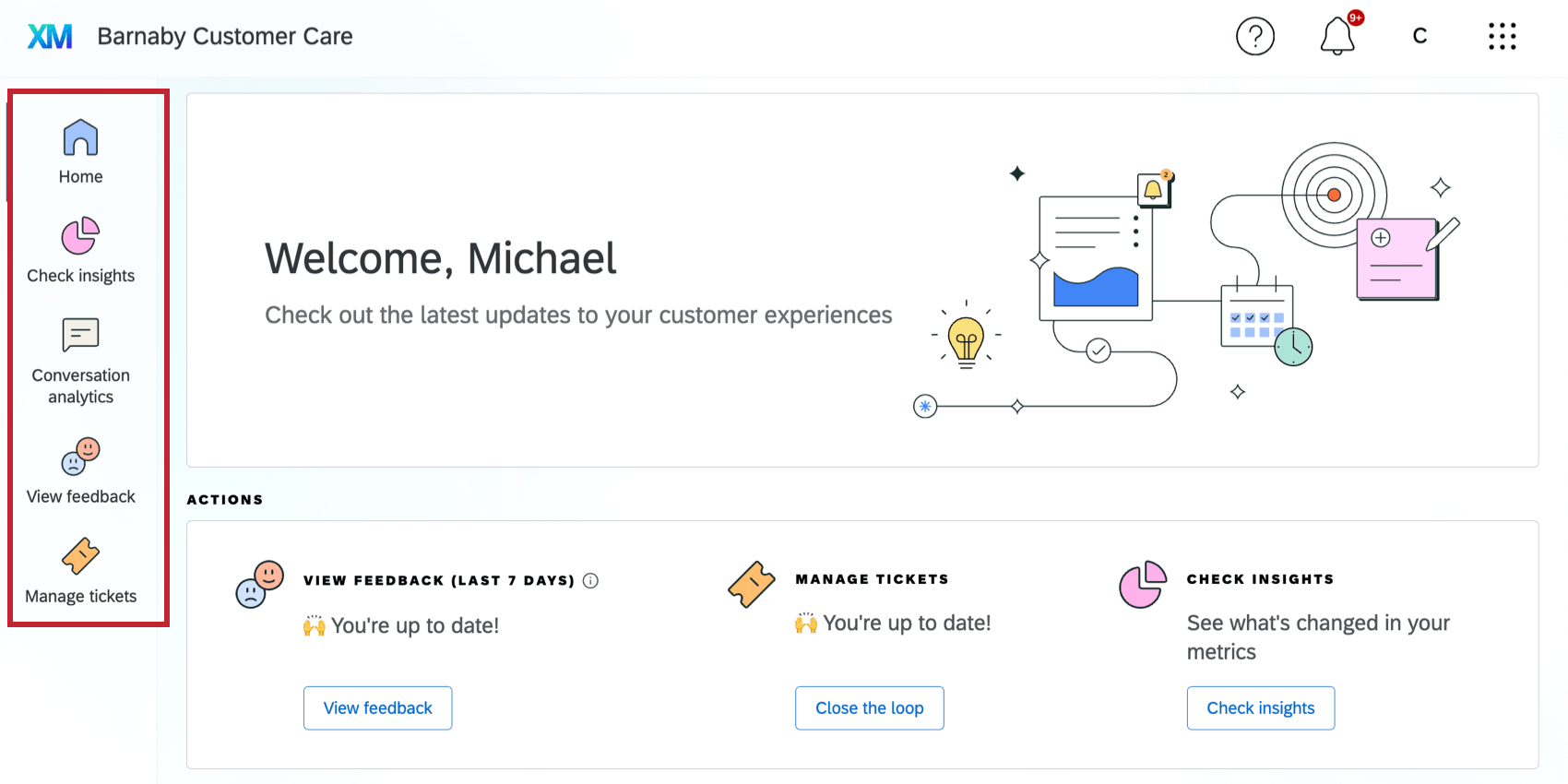 navigieren in der Customer Care App mithilfe der Registerkarten auf der linken Seite der Seite