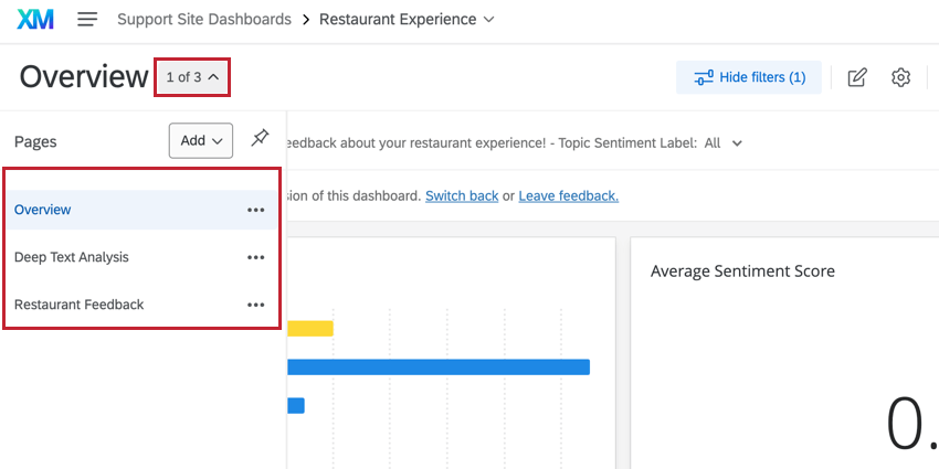Auswählen einer Seite in einem Dashboard zum Anzeigen
