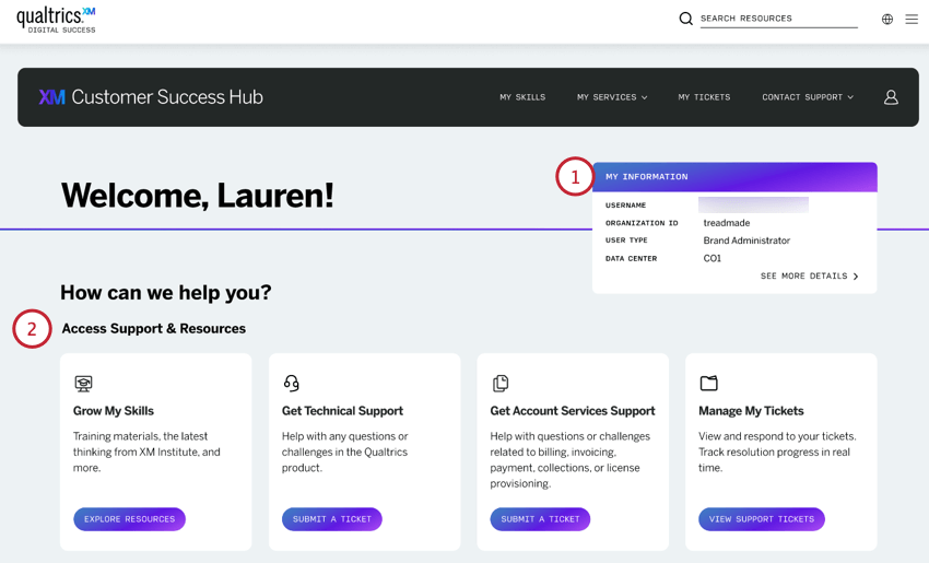 the hub homepage. "my information" is available at the top. below are support & additional resources