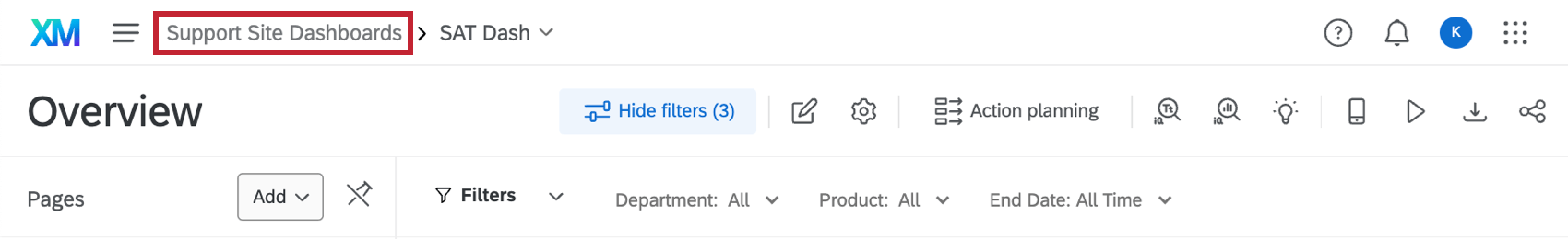 Das oberste Banner in einem Dashboard. Ganz links befindet sich der Name des Projekts, die Support-Site-Dashboards und rechts nach dem Pfeil der Name des Dashboard, in dem Sie sich gerade befinden, SAT-Gedankenstrich.