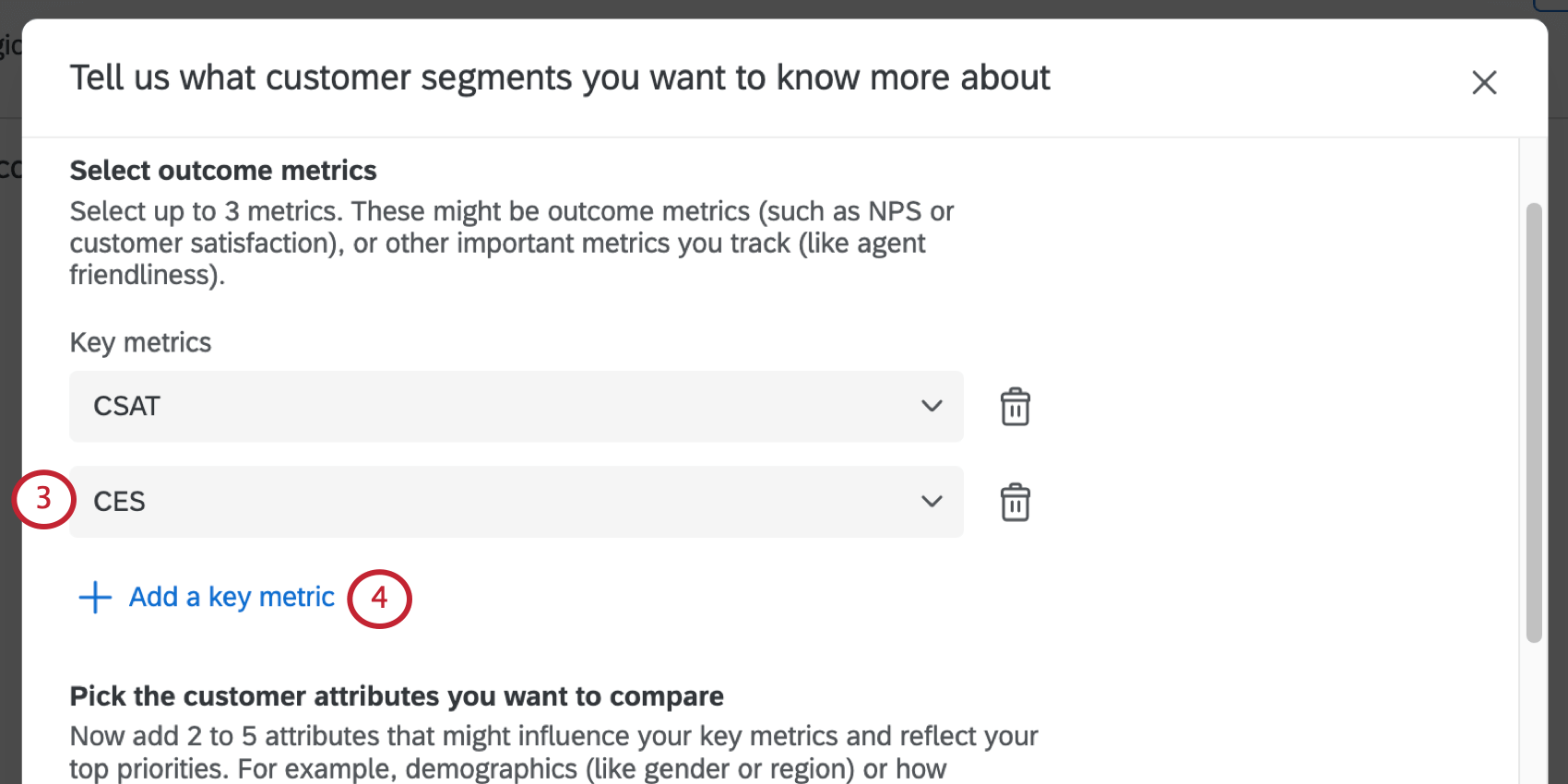 A captura de tela mostra um modal que diz: selecione métricas de resultados