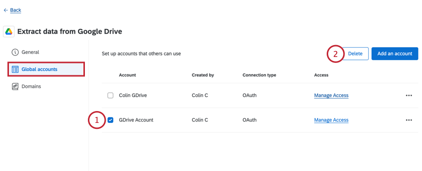 selecting an account to delete