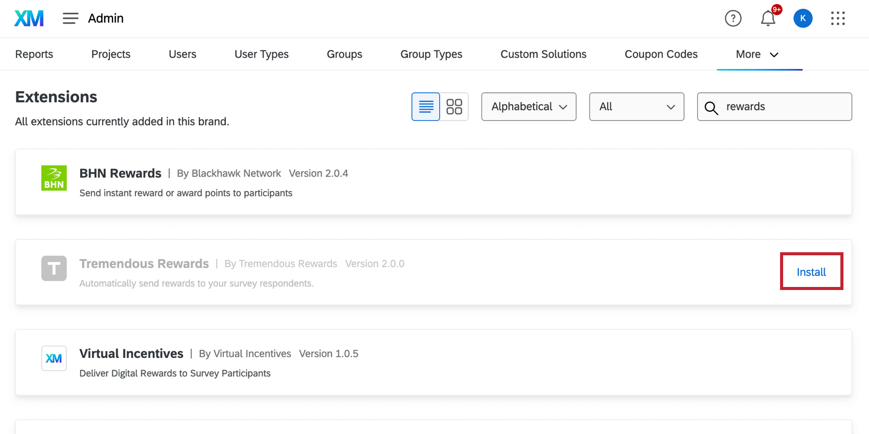 clicking "install" next to an extension