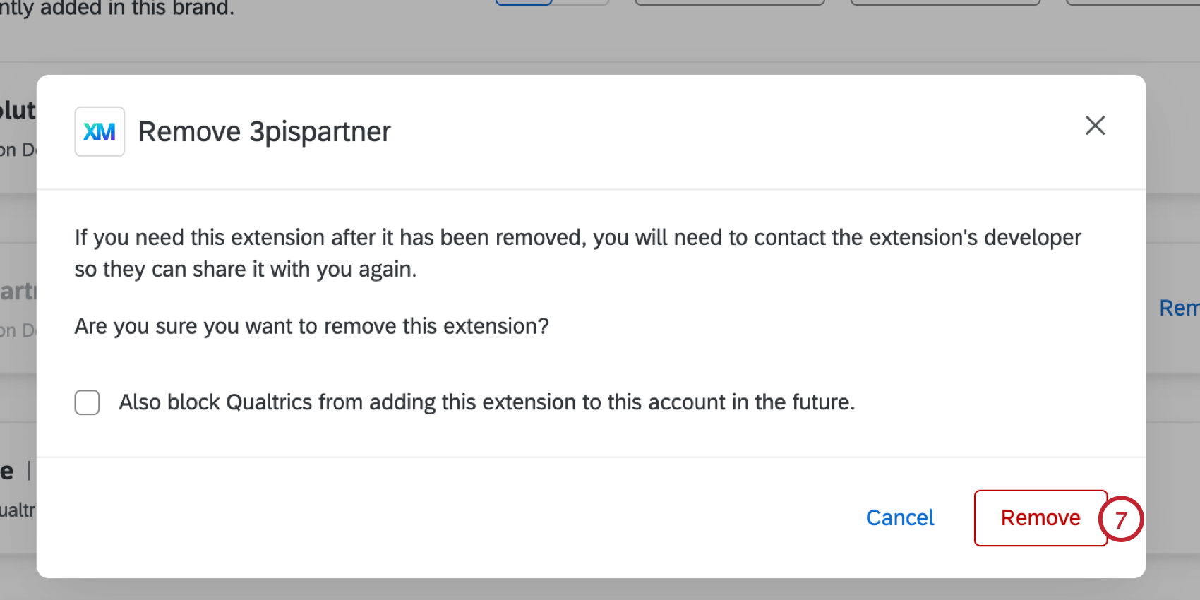 confirmando que você gostaria de remover a extensão de sua marca