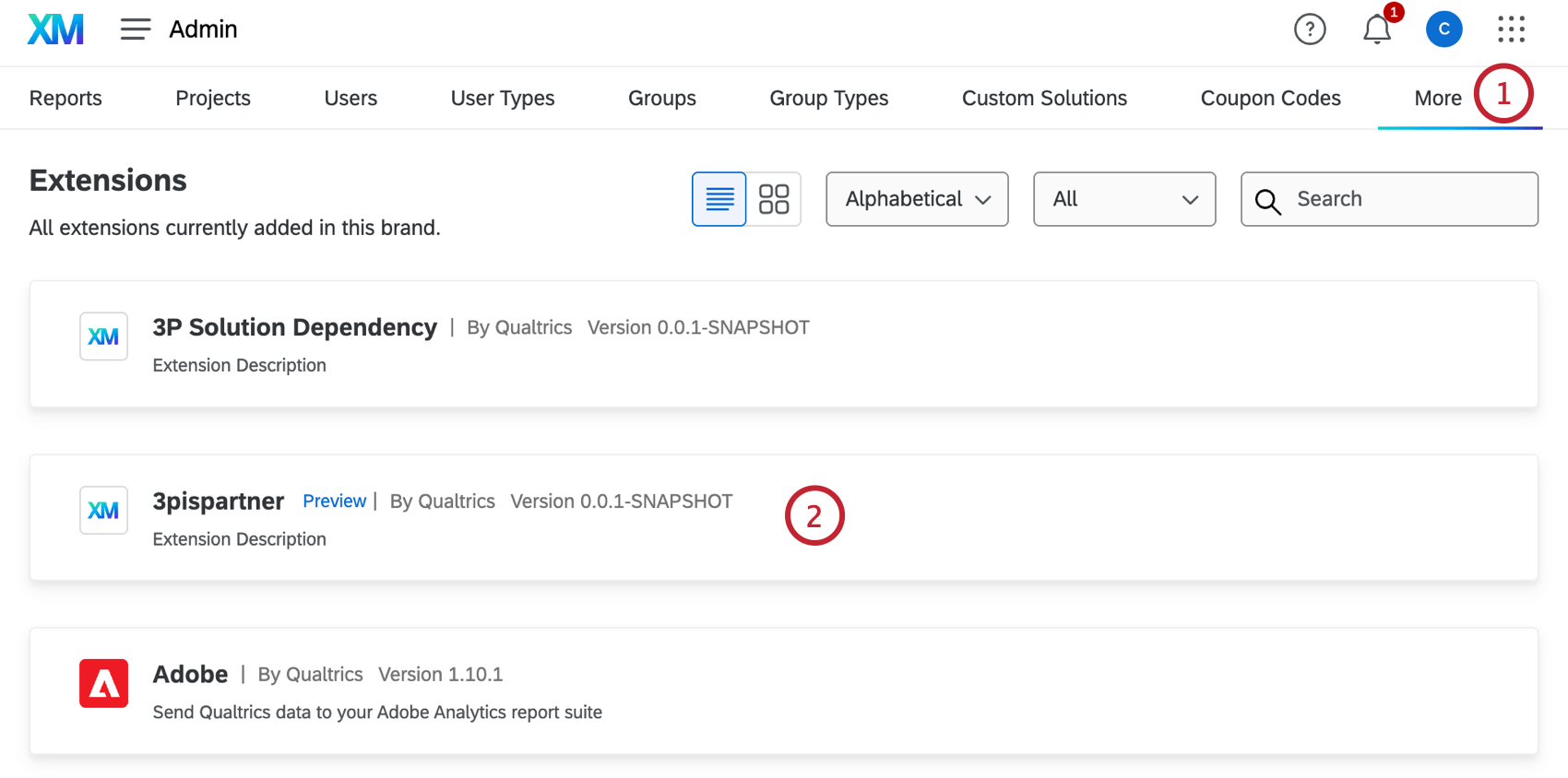 en sélectionnant une extension dans la section Extension de la page dadministration