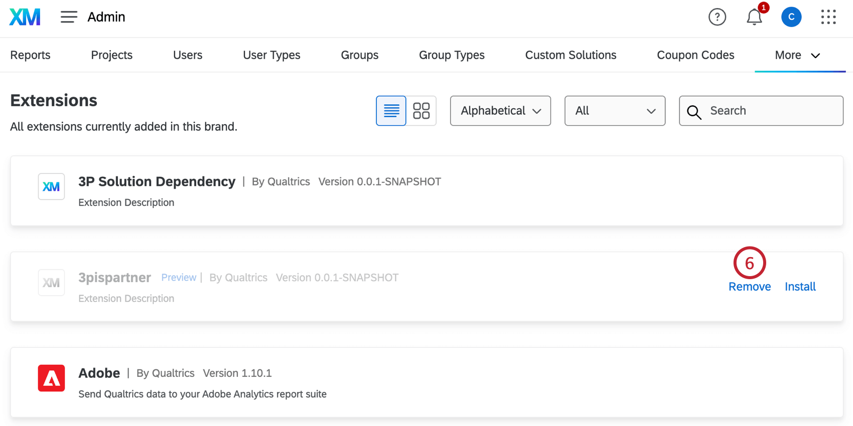 cliquer sur remove pour une extension désinstallée