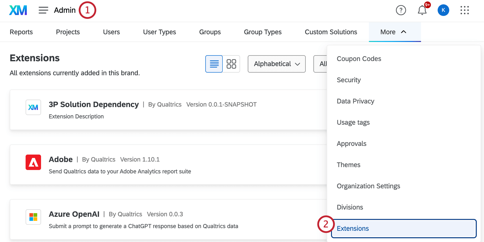 selecting "Extensions" in the "Admin" section