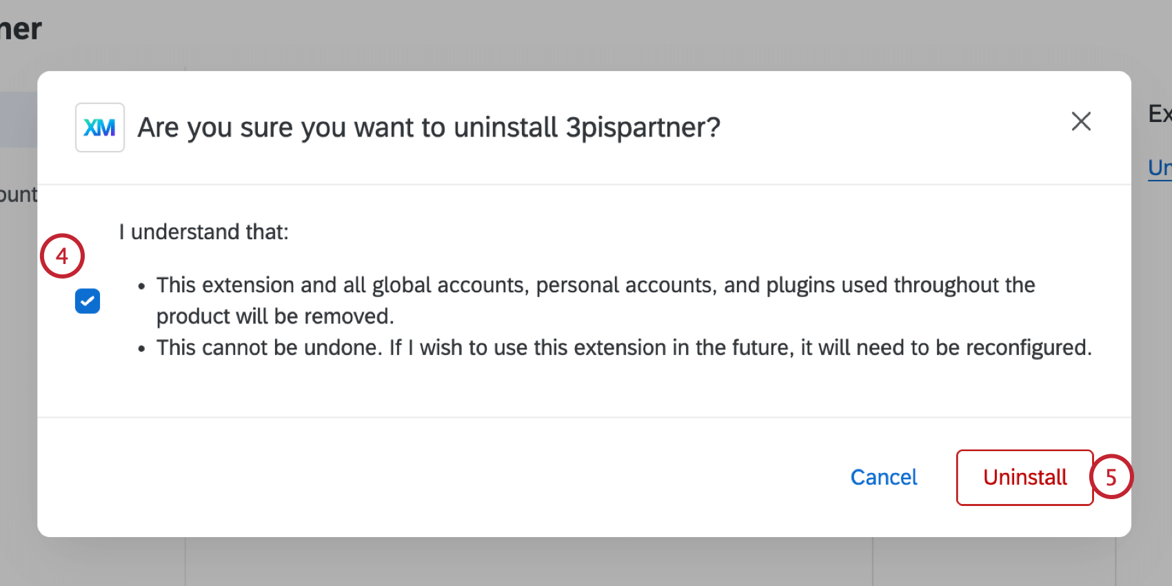 confirming uninstalling the extension