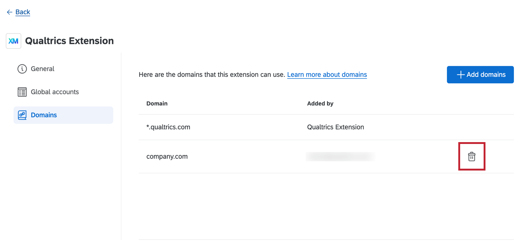 clicking the trash can icon to remove a domain