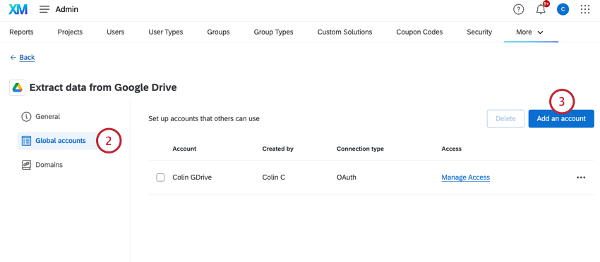 clicking "add account" in the global accounts section of an extension