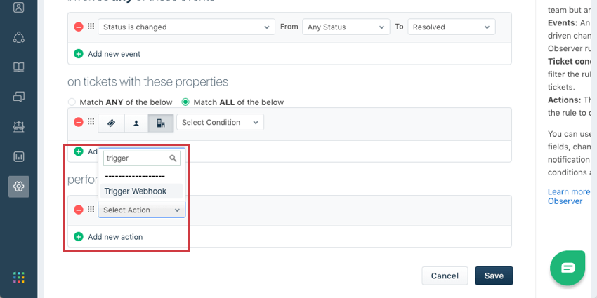 A ação tem um menu expandido com o webhook acionador destacado