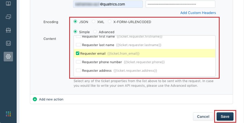Lencodage est JSON et lemail du demandeur est sélectionné dans le corps du message