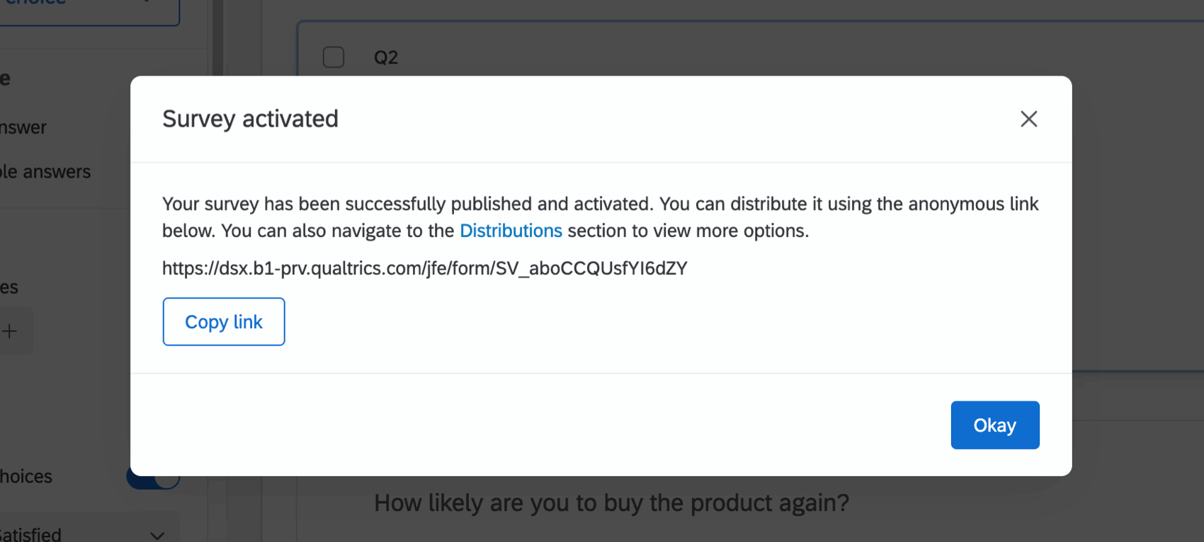 Publishing a survey and being presented with the anonymous link