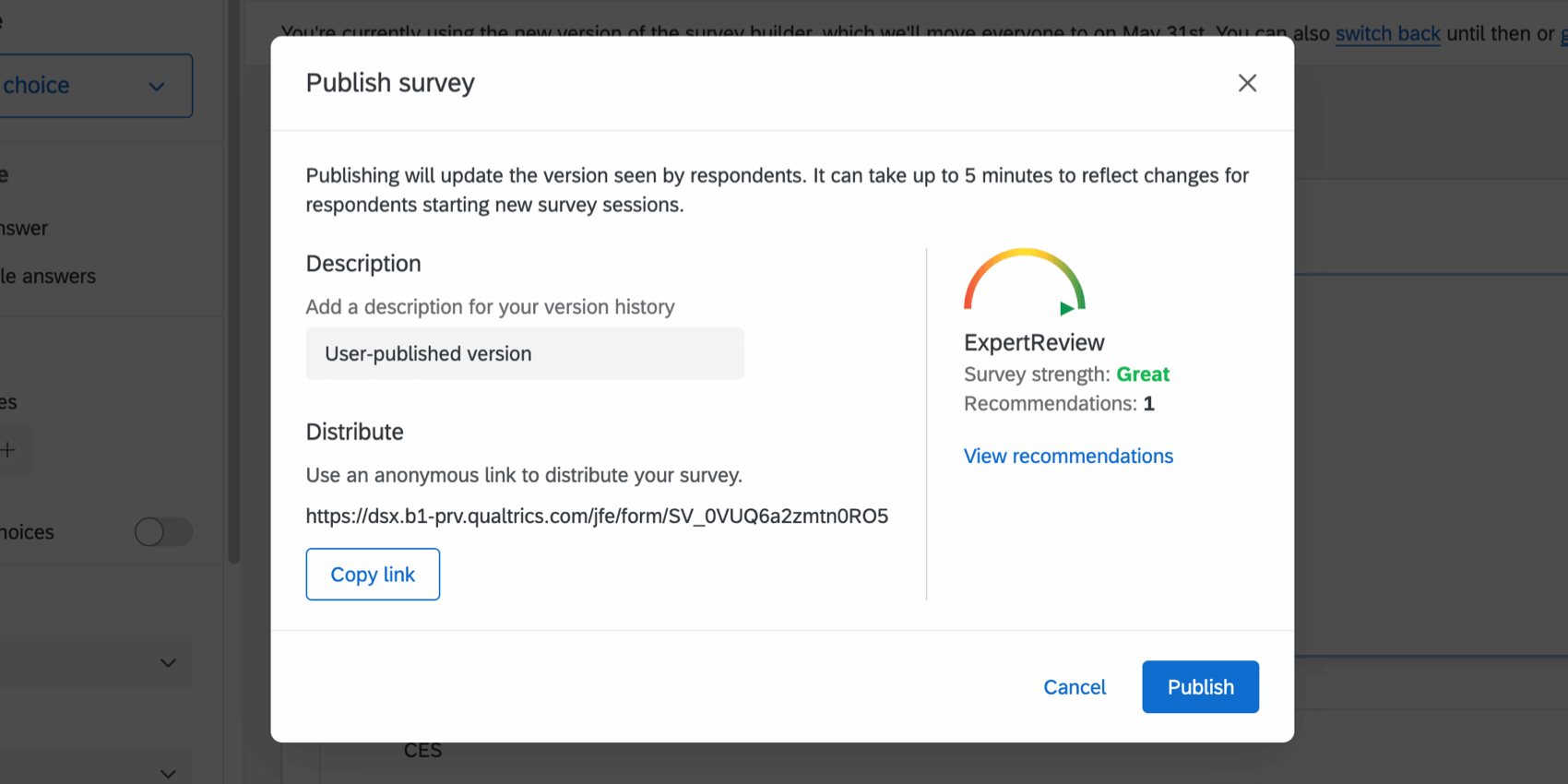 Image of publish menu after publishing an active survey; copy link button in lower-right, below the anonymous link