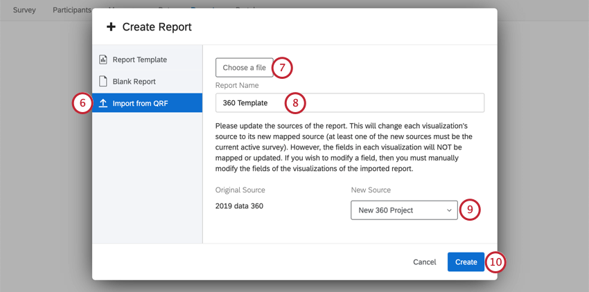 Si apre la finestra Crea rapporto. A sinistra, è selezionata limportazione da QRF. Poiché è stato selezionato un file, è presente un campo dati per assegnare un nome al report, una spiegazione della necessità di creare una nuova origine dati e un menu a tendina per selezionare tale origine dati
