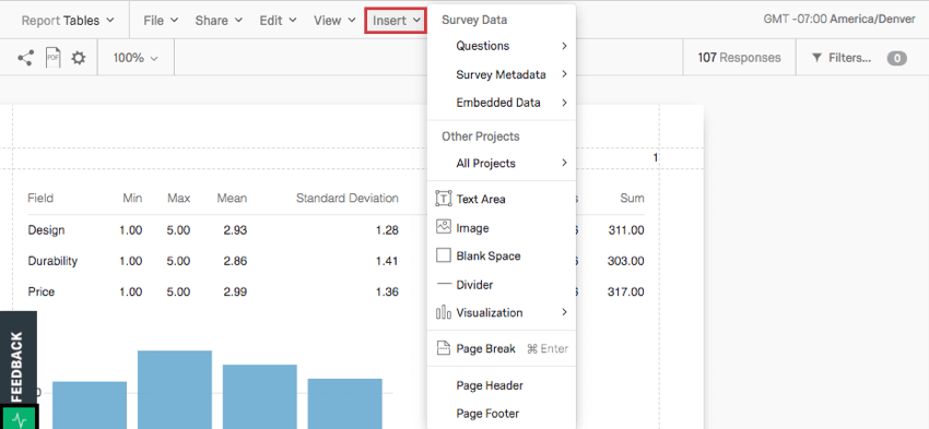 Bouton "Insérer" de la barre doutils Rapports étendu au menu complet