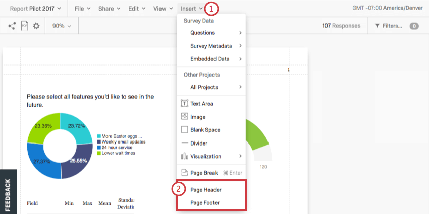 Page header and page footer options on the insert menu