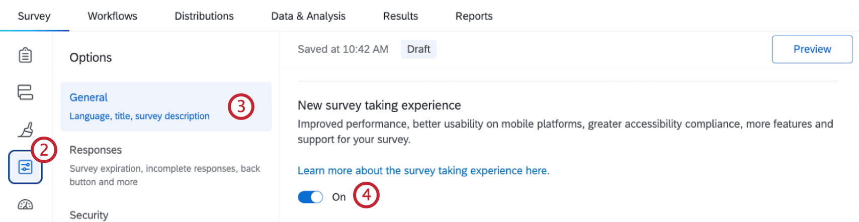 toggle to turn off the new survey taking experience