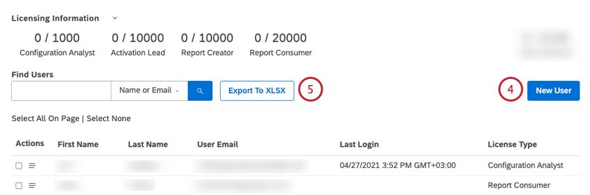 Klicken Sie auf die Schaltfläche Neuer Benutzer, um einen neuen Benutzer anzulegen und zu registrieren. Klicken Sie auf In XLSX exportieren, um Benutzer in eine Microsoft-Excel-Datei (XLSX) zu exportieren.
