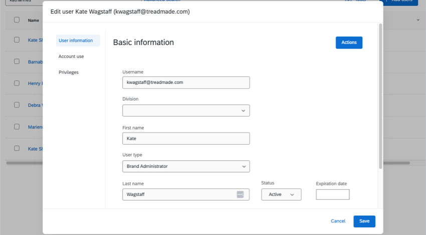new window with several options to the left in a menu: user information, account use, and privileges