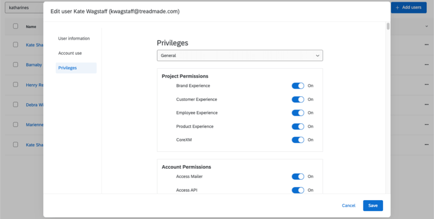 Pestaña Privilegios