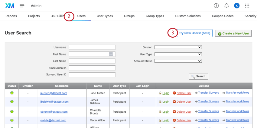Users tab, button for try new users at the top