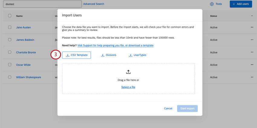 Nova janela onde você pode fazer o download de um modelo CSV