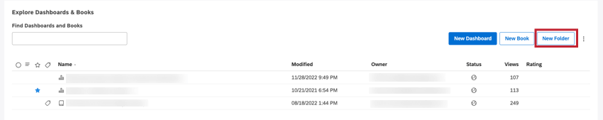ダッシュボードおよびブックテーブルの上部にある[新規フォルダ]ボタンをクリックします。