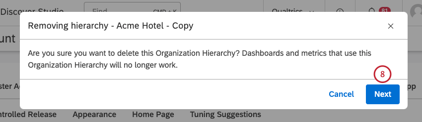 Click Next to confirm the hierarchy deletion.