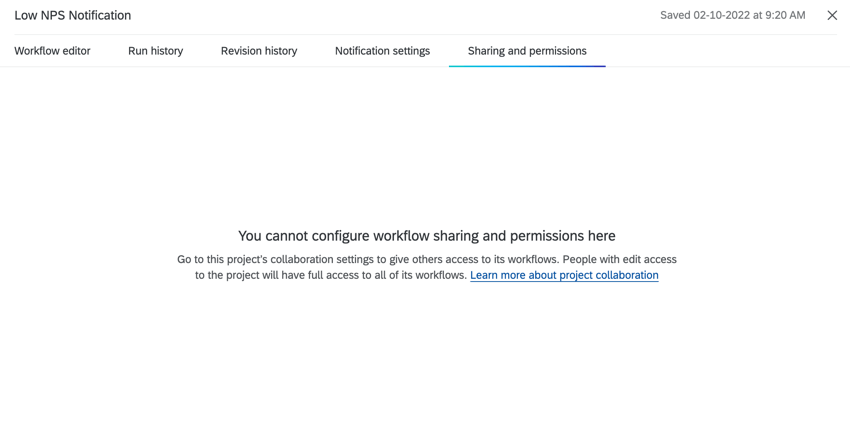 the error message when trying to share a workflow within a project